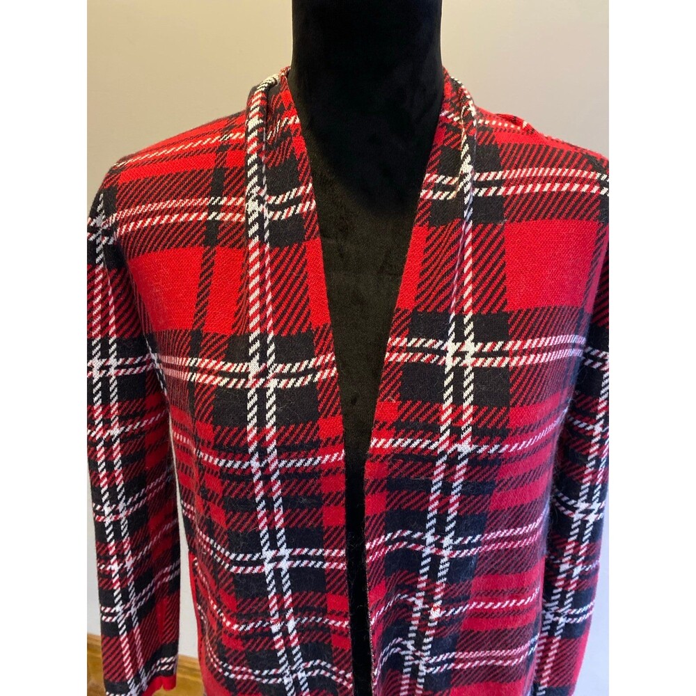 Lands' End Sweater Plaid Tartan Open Front Knit Cotton Cardigan Size‎ XS Petite